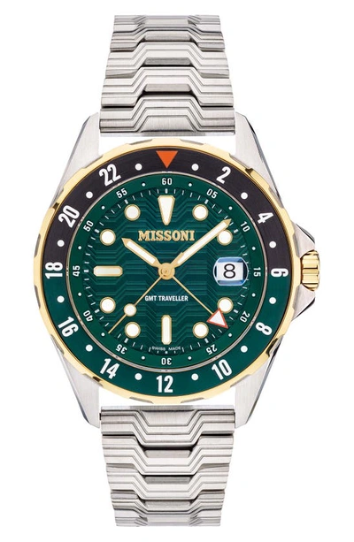 Missoni Gmt Traveler 43mm Stainless Steel Watch In Green/silver