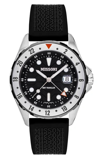 Missoni Gmt Traveler Silicone Strap Watch, 43mm In Stainless Steel Black