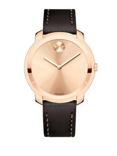 Movado Mid-size  Bold Crystal Leather-strap Watch In Dark Brown-rose Gold