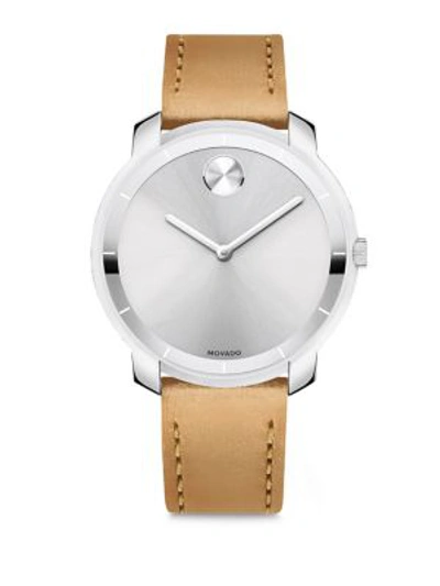 Movado Mid-size  Bold Crystal Leather-strap Watch In Beige Silver