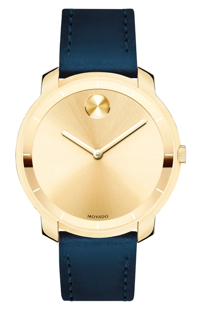 Movado Bold Thin Leather Strap Watch, 36mm In Gold/navy