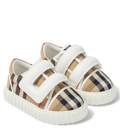 Burberry Babies' Vintage Check-print Cotton And Leather Trainers 6-24 Months In Neutrals