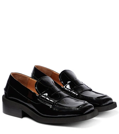 Ganni Square-toe Patent-leather Penny Loafers In Black