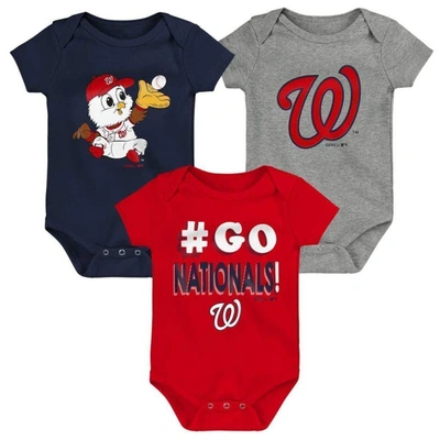 Outerstuff Babies' Unisex Infant Red And Navy And Gray Washington Nationals Born To Win 3-pack Bodysuit Set In Red,navy,gray