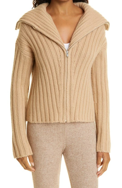 Vince Ribbed Zip-up Wool And Cashmere-blend Cardigan In Beige