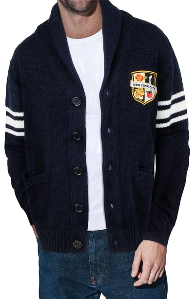 X-ray Shawl Collar Knit City Patch Cardigan In Navy