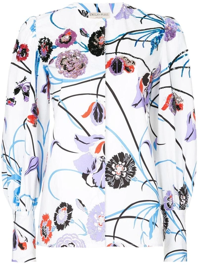 Emilio Pucci Embellished Floral-print Stretch-cotton Poplin Shirt In White