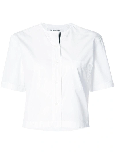 Thom Browne Short Sleeve Cropped Button Down Shirt With Grosgrain Placket In Egyptian Cotton Poplin