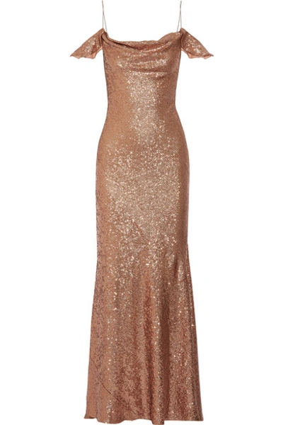 Rachel Zoe Cecilia Cold-shoulder Sequined Stretch-cady Gown In Copper