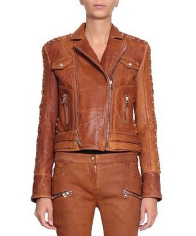 Balmain Leather Jacket In Marrone