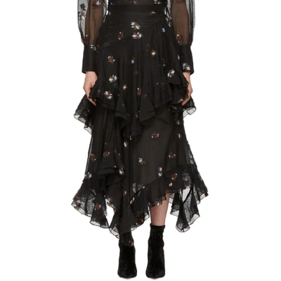 Erdem Elsa Floral-embroidered Tiered Cotton-blend Skirt In Black