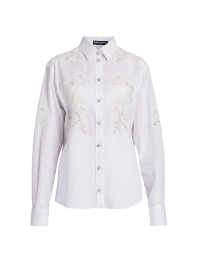 Dolce & Gabbana Lace Insert Poplin Shirt W/ Crystal Buttons In White