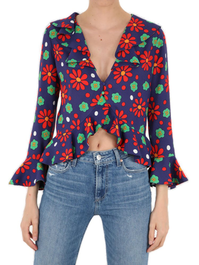 Saint Laurent Ruffled Floral-print Crepe Blouse In Red