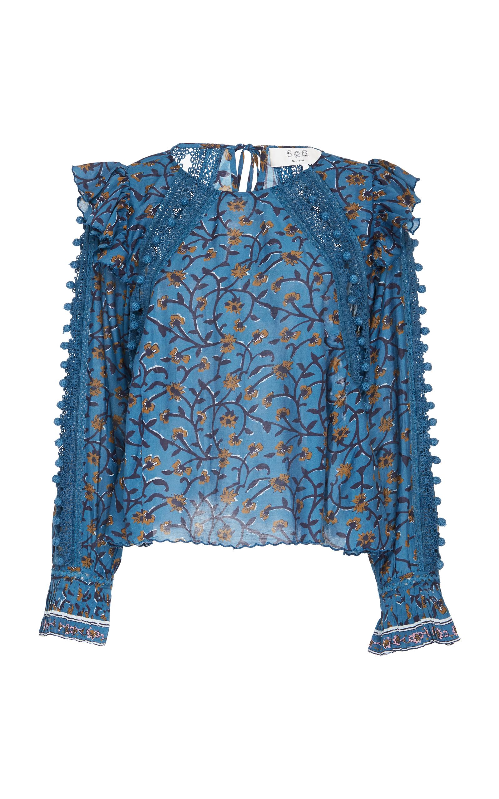 Sea Esther Printed Crochet Pom Blouse In Floral | ModeSens