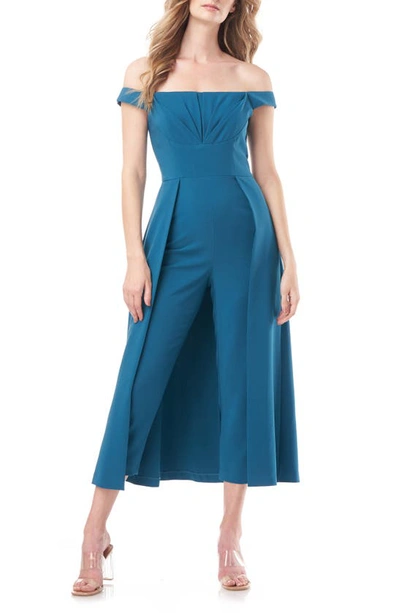 Kay Unger Bridget Off-shoulder Walk-thru Jumpsuit In Blue