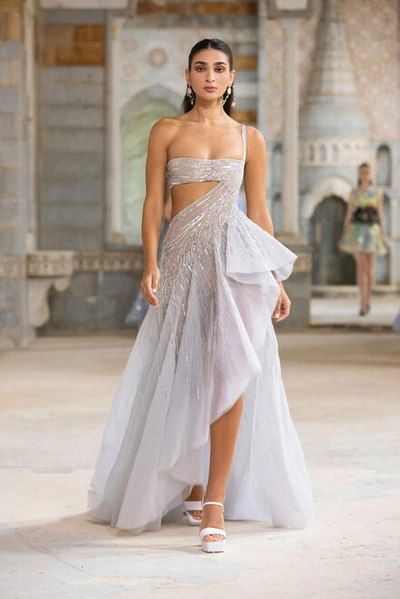 Georges Hobeika Beaded Tulle With Ruffle Slit Gown