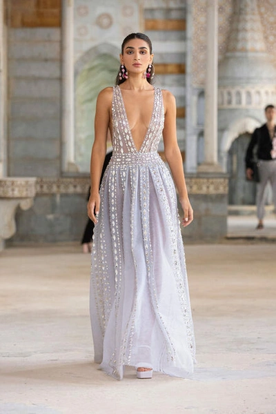 Georges Hobeika Deep V With Pleated Skirt Gown