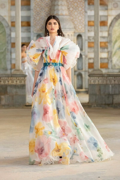 Georges Hobeika Floral Print Ruffle Gown