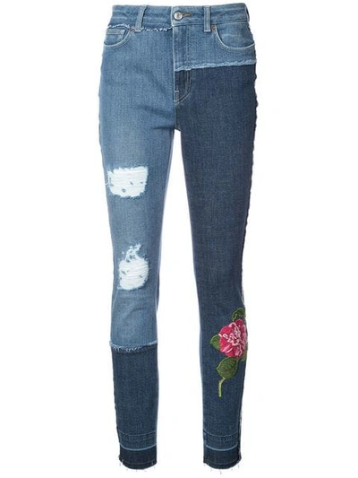 Dolce & Gabbana Skinny Patchwork Jeans With Floral Embroidery In Blue