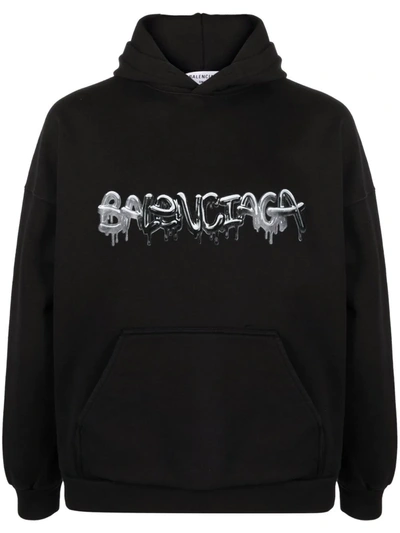 Balenciaga Logo-print Oversized Cotton-blend Jersey Hoody In Black