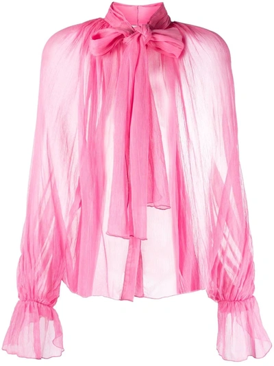 Atu Body Couture Semi-sheer Pussybow Silk Blouse In Rosa