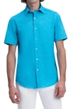 Bugatchi Tech Slub Knit Short Sleeve Stretch Cotton Button-up Shirt In Peacock