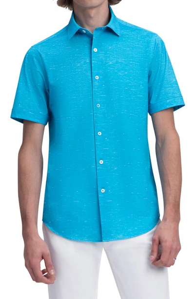 Bugatchi Tech Slub Knit Short Sleeve Stretch Cotton Button-up Shirt In Peacock