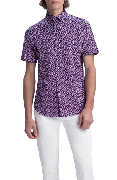 Bugatchi Tech Pineapple Print Knit Short Sleeve Stretch Cotton Button-up Shirt In Pink