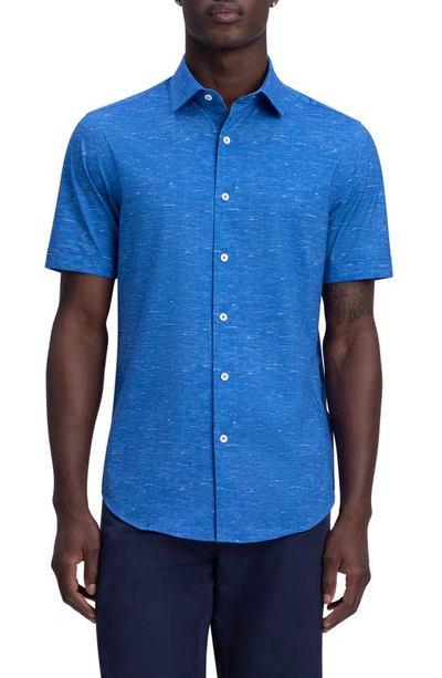 Bugatchi Tech Slub Knit Short Sleeve Stretch Cotton Button-up Shirt In Classic-blue