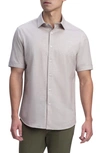 Bugatchi Tech Slub Knit Short Sleeve Stretch Cotton Button-up Shirt In Sand