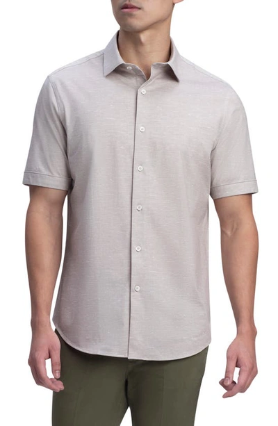 Bugatchi Tech Slub Knit Short Sleeve Stretch Cotton Button-up Shirt In Sand
