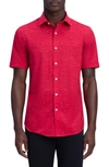 Bugatchi Tech Slub Knit Short Sleeve Stretch Cotton Button-up Shirt In Ruby