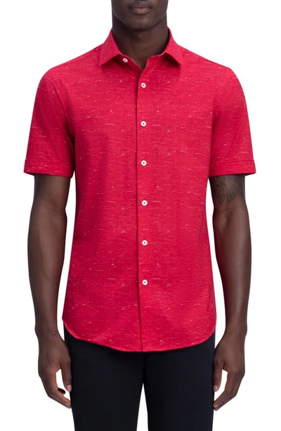 Bugatchi Tech Slub Knit Short Sleeve Stretch Cotton Button-up Shirt In Ruby