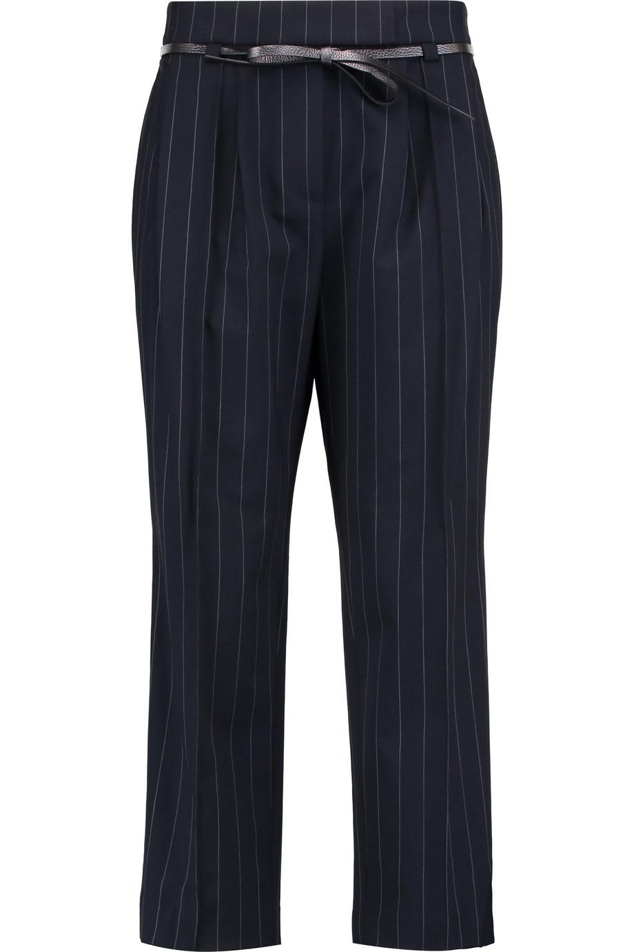 Brunello Cucinelli Belted Pinstriped Wool-blend Crepe Pants | ModeSens