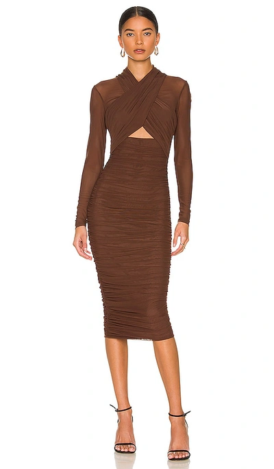 Bardot Aliyah Ruched Mesh Midi Dress In Chocolate