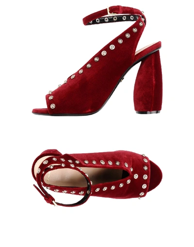 Carven Red Velvet Heeled Sandal With Studs In Maroon
