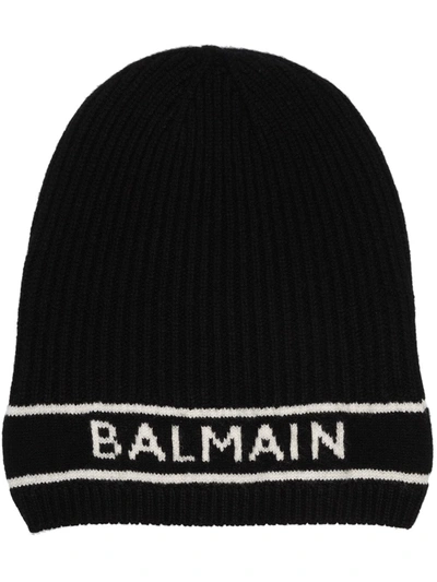 Balmain Black Wool And Cashmere Hat With Logo