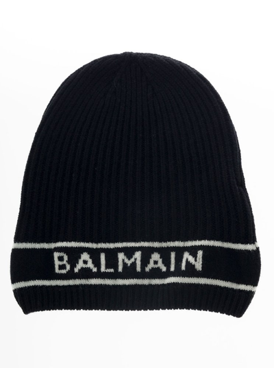 Balmain Black Wool And Cashmere Hat With Logo
