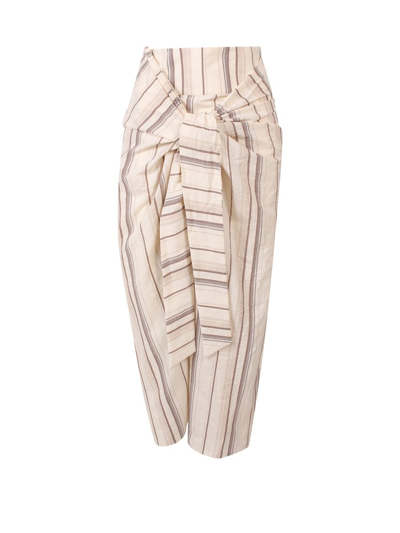 Brunello Cucinelli Striped Knot-front Cotton-linen Midi Skirt In Neutrals