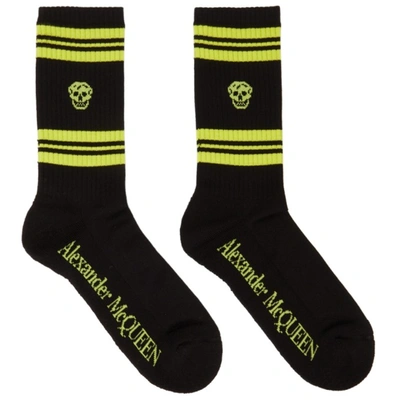 Alexander Mcqueen Black & Green Stripe Skull Socks In Black/lime