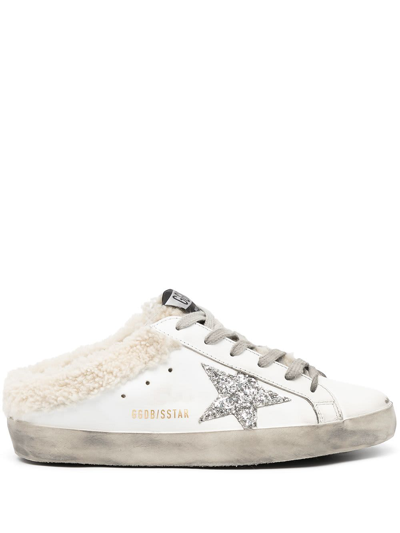 Golden Goose Superstar Sabot Shearling-lined Distressed Glittered Leather Slip-on Sneakers In White