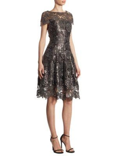Talbot Runhof Noix Sequined Guipure Lace Cap-sleeve Cocktail Dress In Espresso