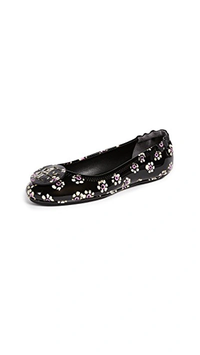 Tory Burch Minnie Stamped Floral Travel Ballet Flat In Black