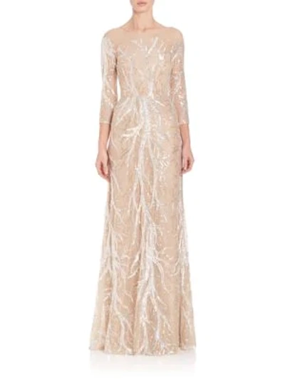 David Meister Embroidered Sequin Gown In Nude Silver