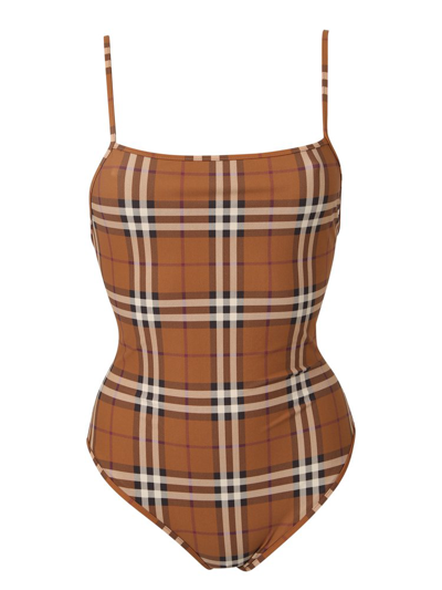 Burberry Delia Check One-piece Swimsuit In Brown