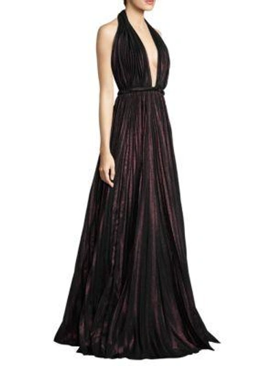 Carmen Marc Valvo Plunging Pleated Flare Gown In Blackberry