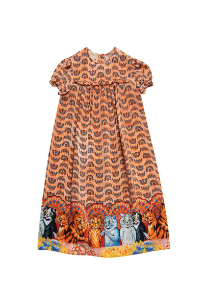 Gucci Kids' Girls Pink Cat Print Silk Dress In Orange