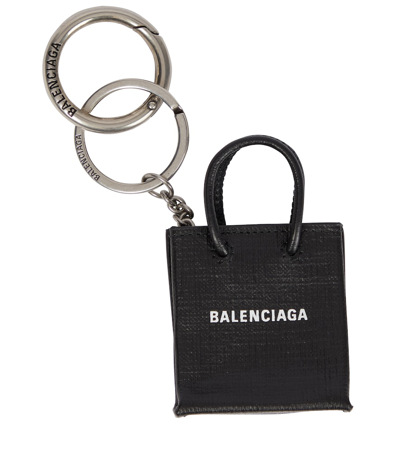 Balenciaga Mini Shop Tote Leather Keyring In Black