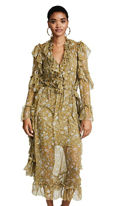 Zimmermann Rife Ruffle-trim Floral-print Silk Dress In Mustard