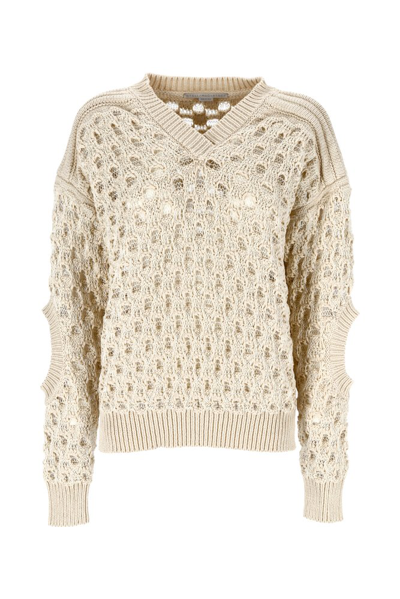 Stella Mccartney Foiled Cable Cotton Blend Crop Sweater In Beige